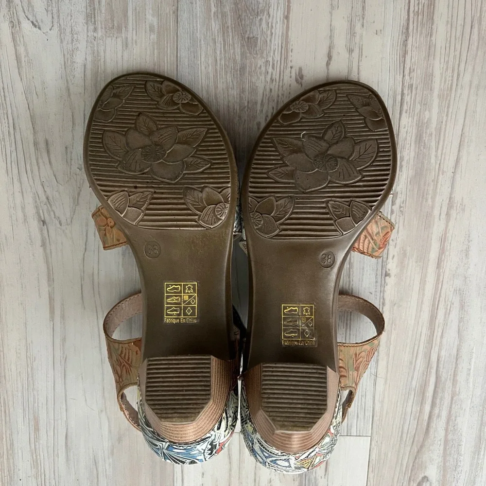 Spring Step L'Artiste Marvel Leather Sandals Multi Color Floral Boho Heel 38